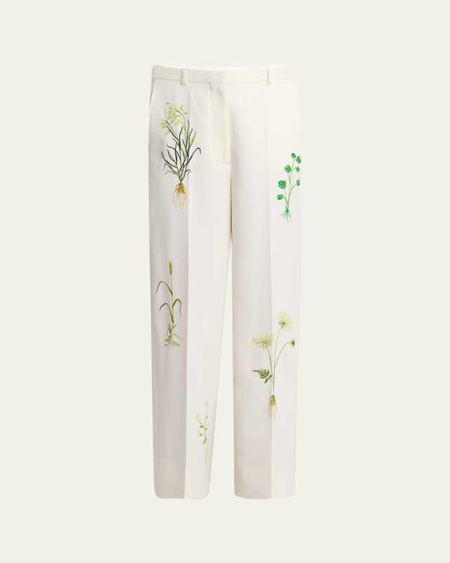 Floral Embroidered Loose Wool Pants
